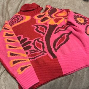 Farm Rio sweater with cut out. XS. Bright red, pink, orange